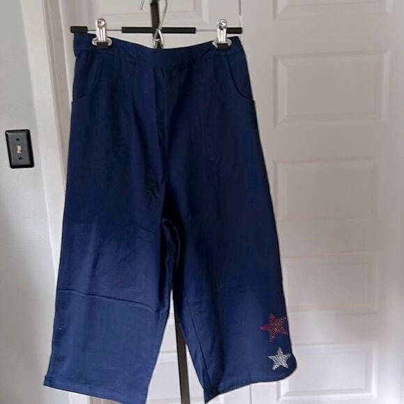 Quacker Factory navy blue capris with star beaded detail size large NEW - Picture 2 of 9